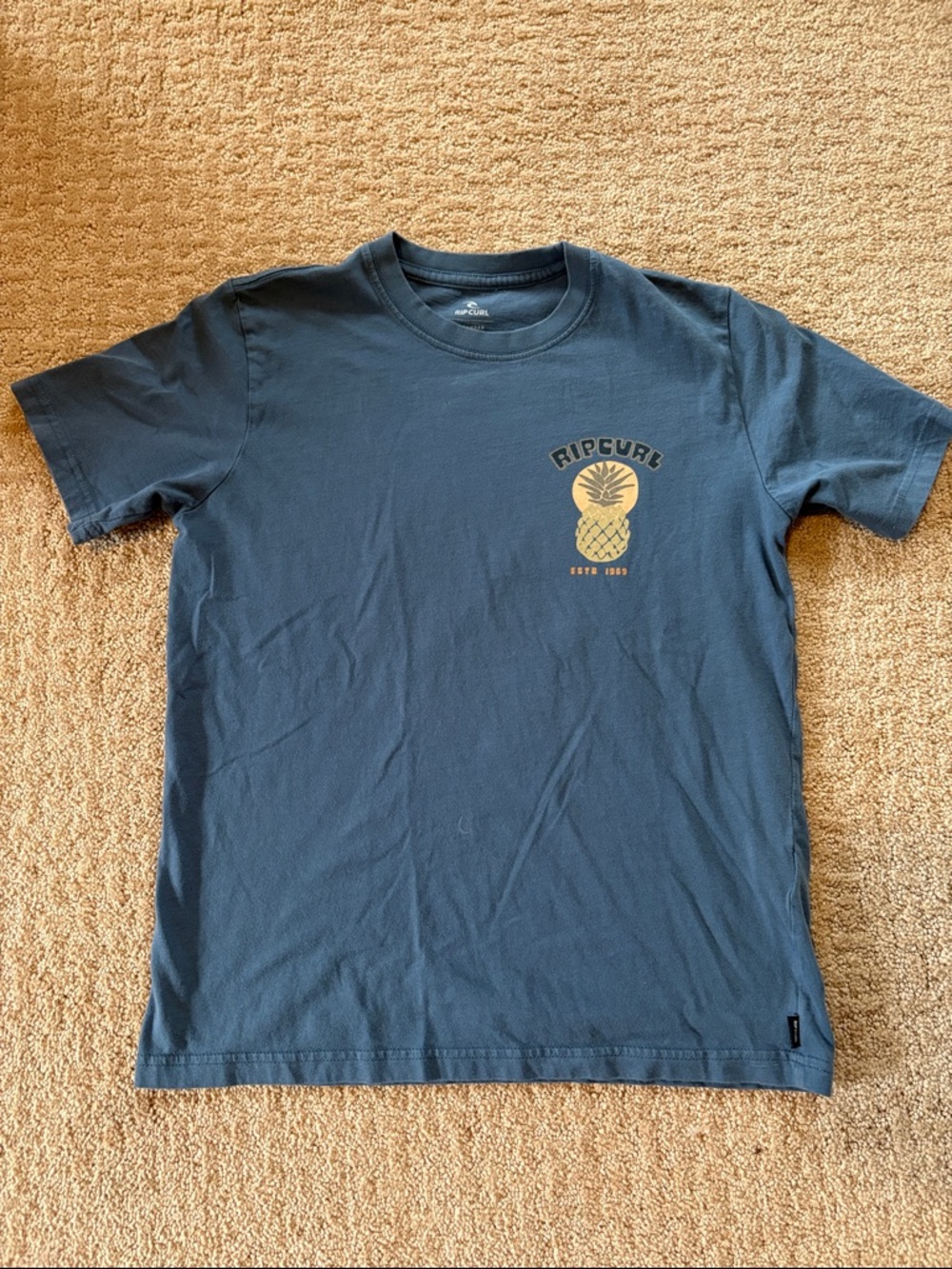 EUC Rip Curl Dark Blue Hawaii Tee with Mustard Pineapple Graphic, size 12